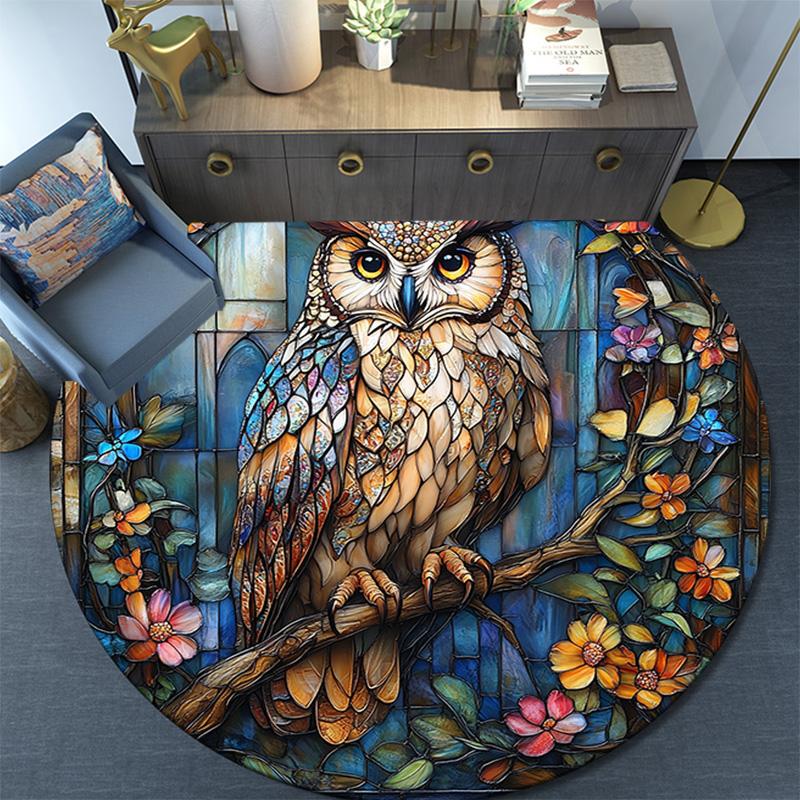 Owls and Flowers Round Area Rug,Carpet Rug for Living Room Bedroom Sofa Playroom Decor,Non-slip Floor Mat