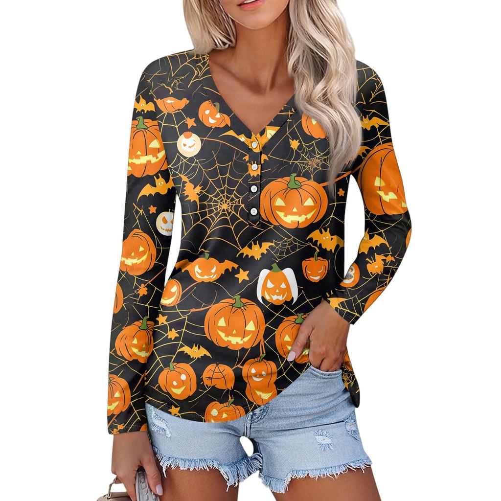 Women's Casual Fashion Sexy Comfort Halloween Printed V-Neck Button Long Sleeve