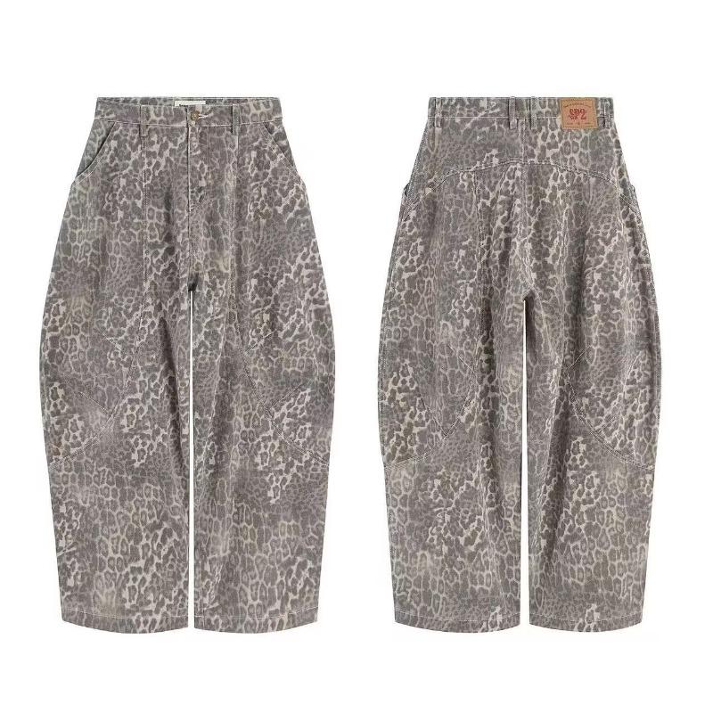 Summer New Retro Loose Versatile Silhouette Scimitar Casual Pants Washed Leopard Print Washed Denim Trousers