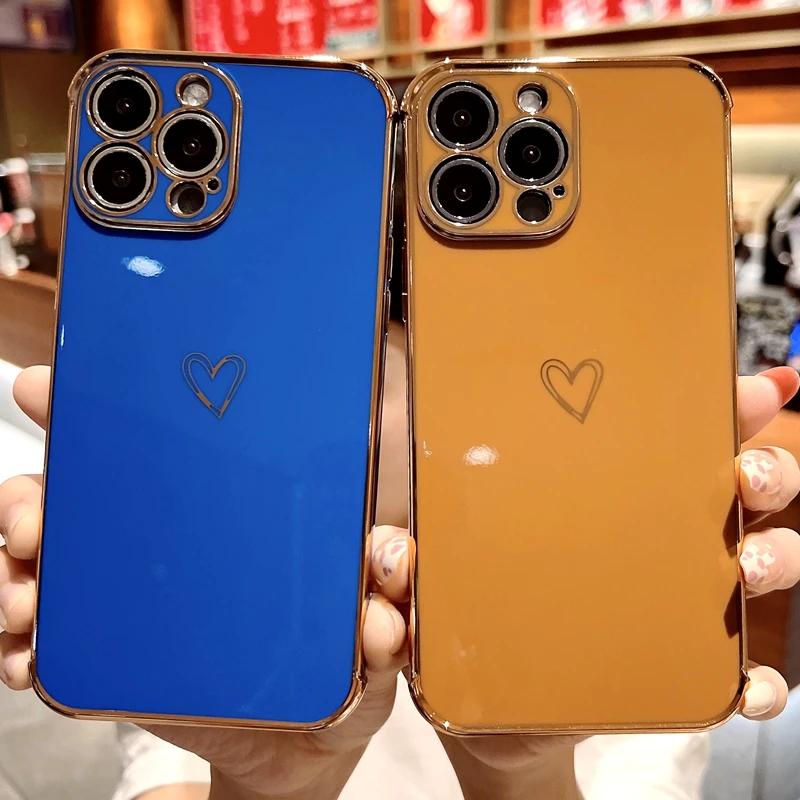 Luxury Electroplated Love Heart Phone Case For iPhone 11 12 13 14 15 16 Pro Max XS X XR Max Plus Soft Silicone Cover