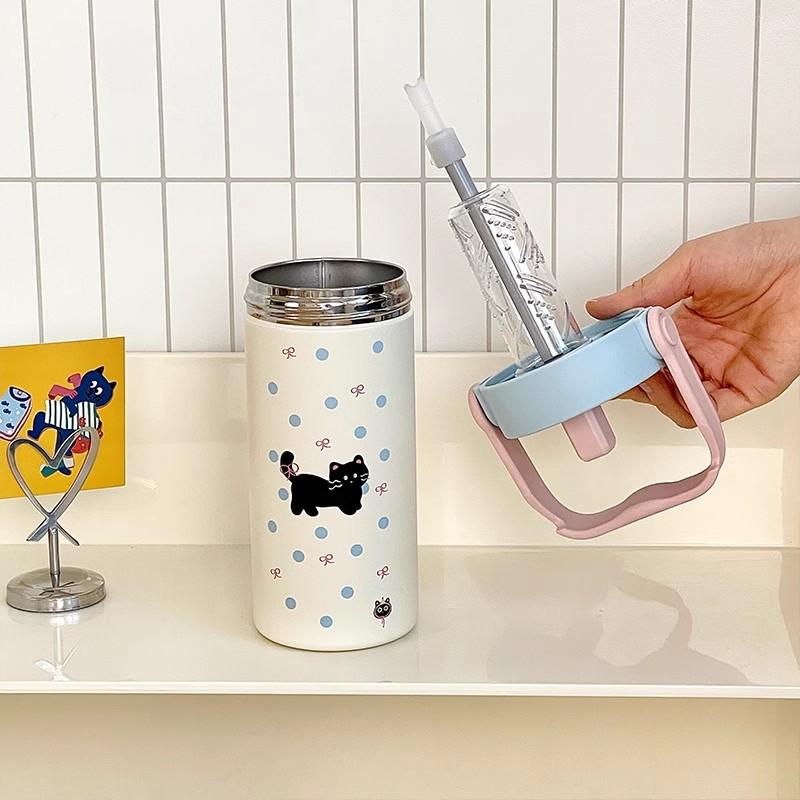 Niedlicher Katze Thermobecher 600ml Kaffee Tee Becher Edelstahl 316 Tragbare Thermoswasserflasche mit Strohhalm Tee-Ei Griff