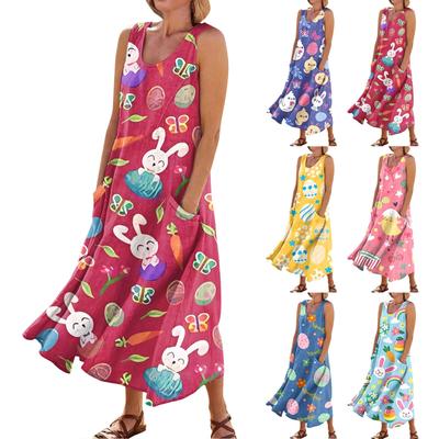 Robe d'été décontractée pour femmes, mode pâques imprimée, sans manches, col rond, poches