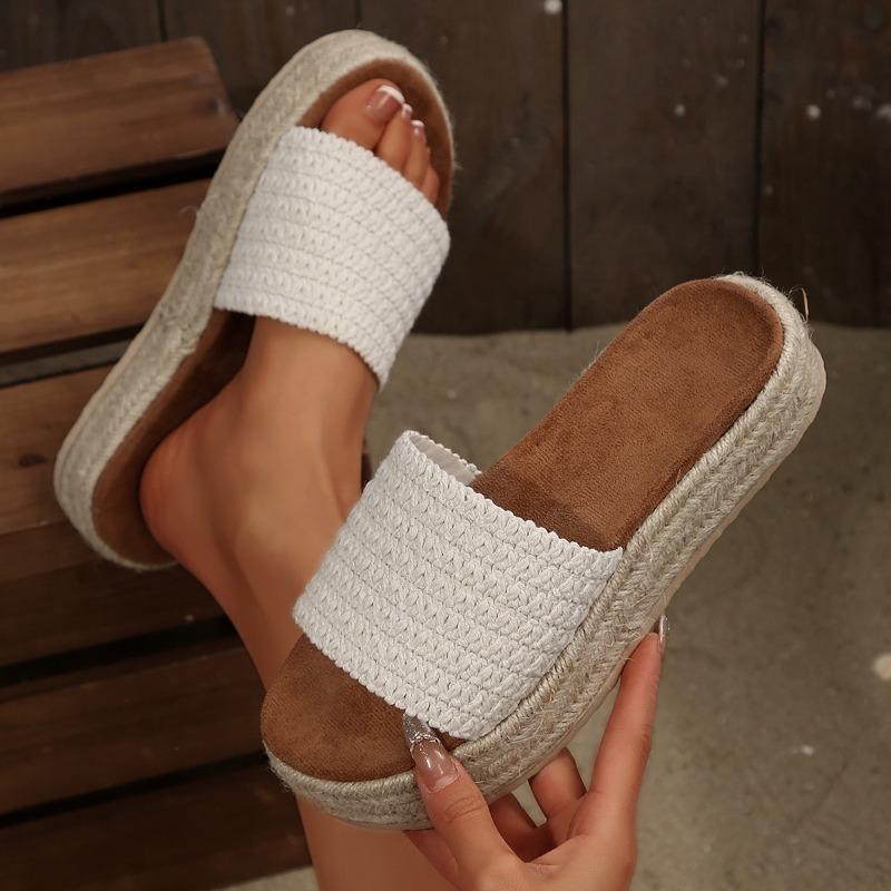 Women’s Wide-Fit Platform Slide Sandals with Jute Woven Sole and Simple Roman-Inspired Design