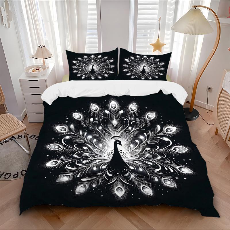 3pcs Radiant Peacock Print Bedding Set (1 Cover + 2 Pillowcases, Without Inserts), This Printed Bedding Set Is Soft and Comfortable, Suitable for
