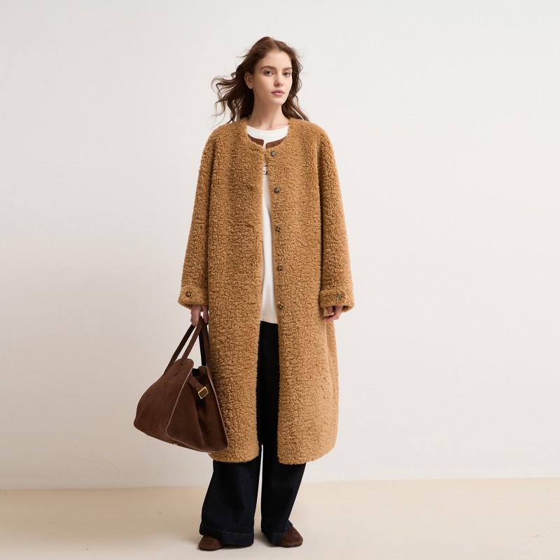 Womens Winter Faux Fur Coat Loose Fit Round Neck Mid-Length Solid Color Fleece Outerwear
