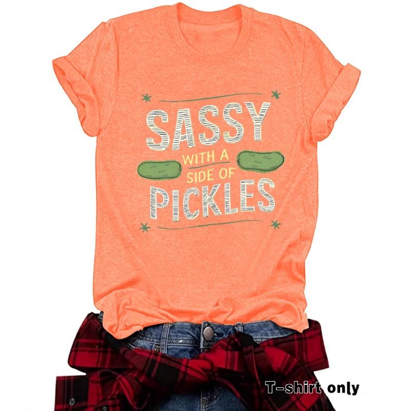 Women's Summer Round Neck Short Sleeve T-shirt Playful Cucumber Pattern Print Comfort T-shirt