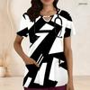 Women Plus Size Black Printed Keyhole Neck Short Sleeve Nurse Scrub Top With Front Pockets