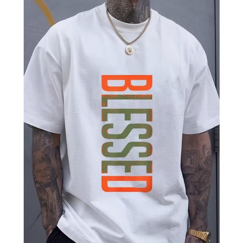 Men's BLESSED 3D Printed T-Shirt - Geometric Letters, Comfortable Fit, Casual Short Sleeve