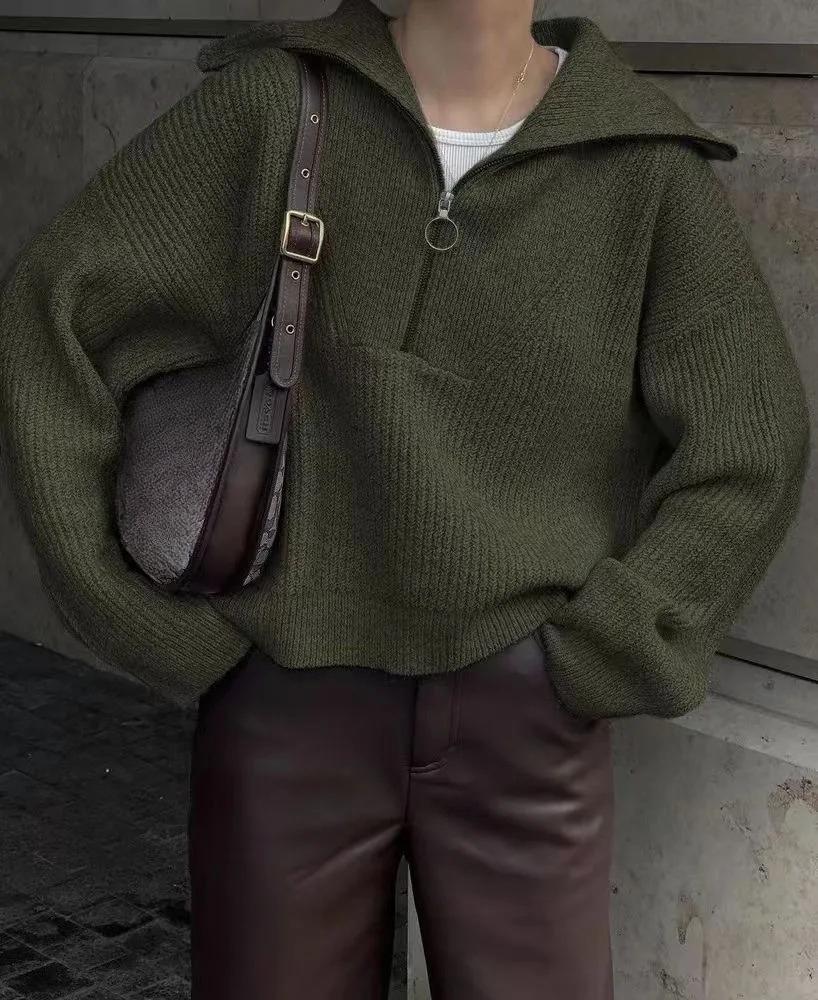 Women Vintage V-Neck Knit Pullover Sweater Long Sleeve Big Lapel Loose Casual Knitted Tops Autumn Winter Simple Fashion Kniwear Clothing