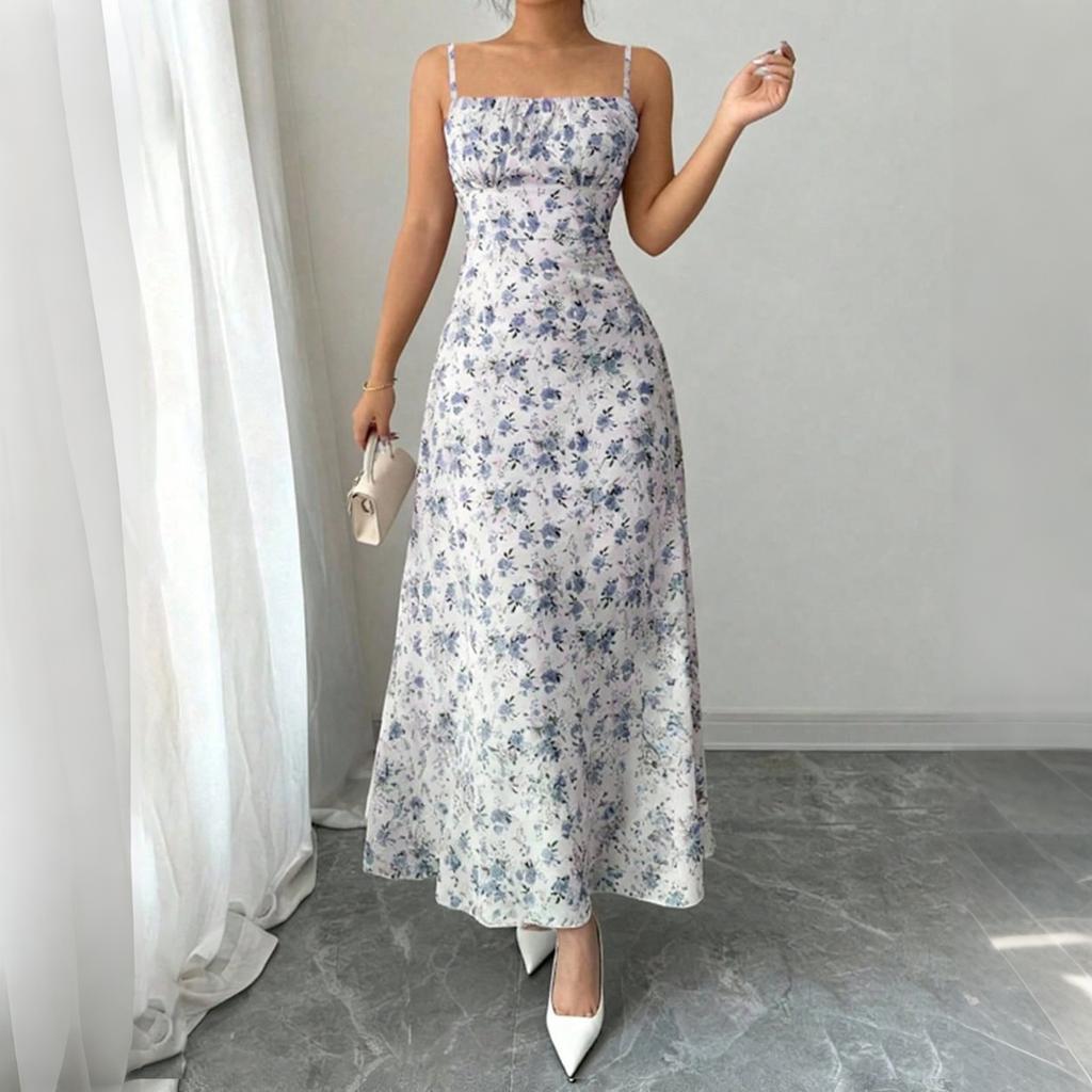 Women’s Sleeveless Spaghetti Strap Long Dress with Floral Print Lightweight Fabric and Square Neckline for Summer