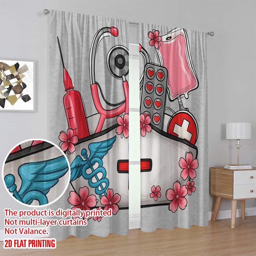 2pcs,2D Plane Printing Popular Curtain Panels Nurses Bouquet 100% Polyester (without Rod) Festive for Living Room, Bedroom,