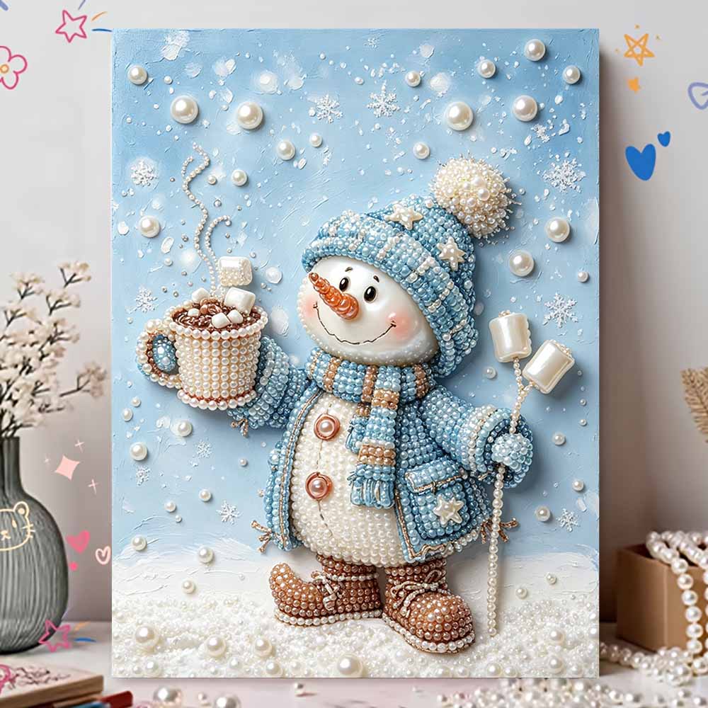 Cute Snowman Hot Cocoa Pearl Bead Painting Kit Winter Theme Frameless Canvas Art Relaxing Night Craft Home Decor Gift Wall Decoration DIY