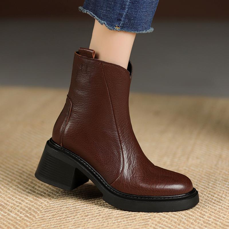 Fashion 2024 Winter Women Boots Leather Boots Chunky Heel Shoes Autumn Retro Genuine Leather Women Shoes High Heel Boots Chelsea Boots