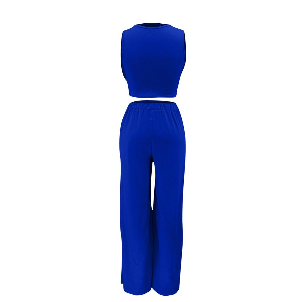 Women 2 Piece Outfits Spring Summer Tracksuits Mock Neck Sleeveless Cutout Crop Top Wide Leg Long Pants Sweatsuits