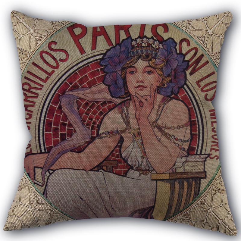 Custom Alphonse Mucha Art Pillowcase Cotton Linen Fabric Square Zipper Pillowcase 45X45 Wedding Decorative Pillow Cover