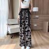 Ink-wash Painting Printed High-waisted Wide-leg Pants for Women, Summer Thin Chiffon Ribbon Loose Casual Floor-length Pants