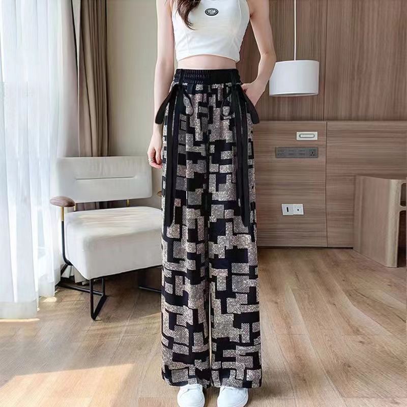 Ink-wash Painting Printed High-waisted Wide-leg Pants for Women, Summer Thin Chiffon Ribbon Loose Casual Floor-length Pants