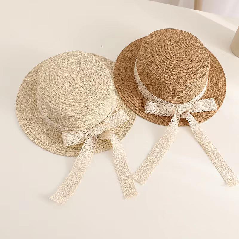 Lace Bow Kids Sun Hat Summer Wide-brim Straw Hats for Girls Outdoor Sunshade Beach Panama Cap