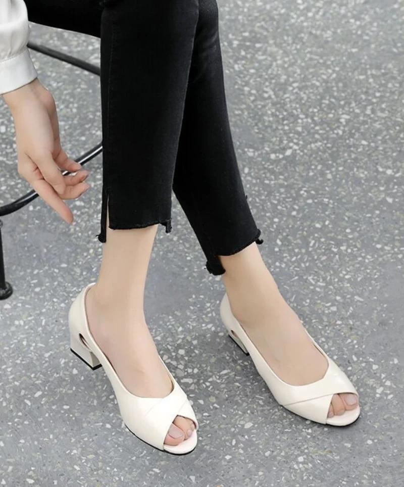 Fashion Leather Summer 2024 Outdoor Open Toe Thick Heel for Office Work Ladies Shoes Footwear with Medium Heels Black Sandals Women Sale