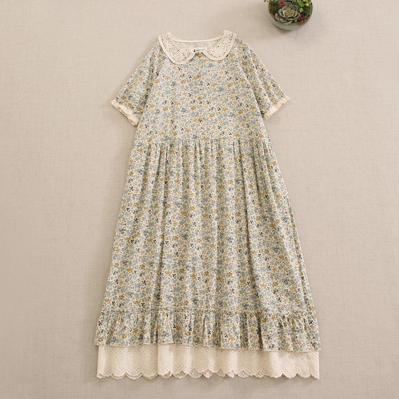 Mori Girl Blommig dockkrageklänning med lös passform och lapptäcke i spetskant