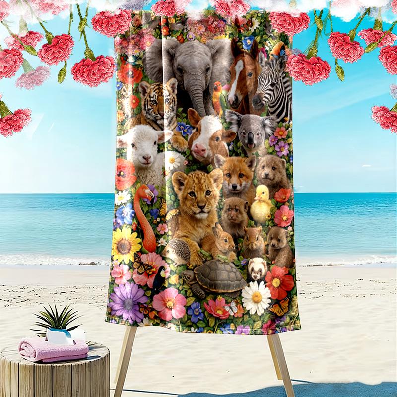 Floral Animals Print Beach Towel, Large Soft Quick Dry Towel for Beach Camping Swimming