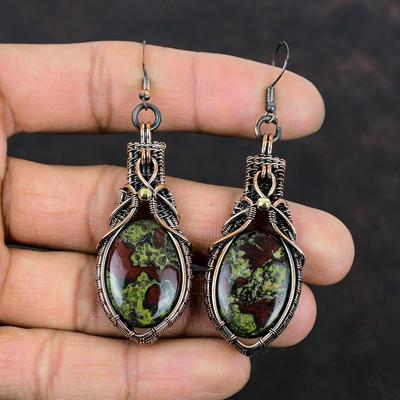 Boucles d'oreilles en pierre de sang de dragon, boucles d'oreilles enveloppées de fil de cuivre, bijoux en pierres précieuses naturelles faits à la main, boucles d'oreilles délicates, bijoux en fil de cuivre, cadeaux de fiançailles