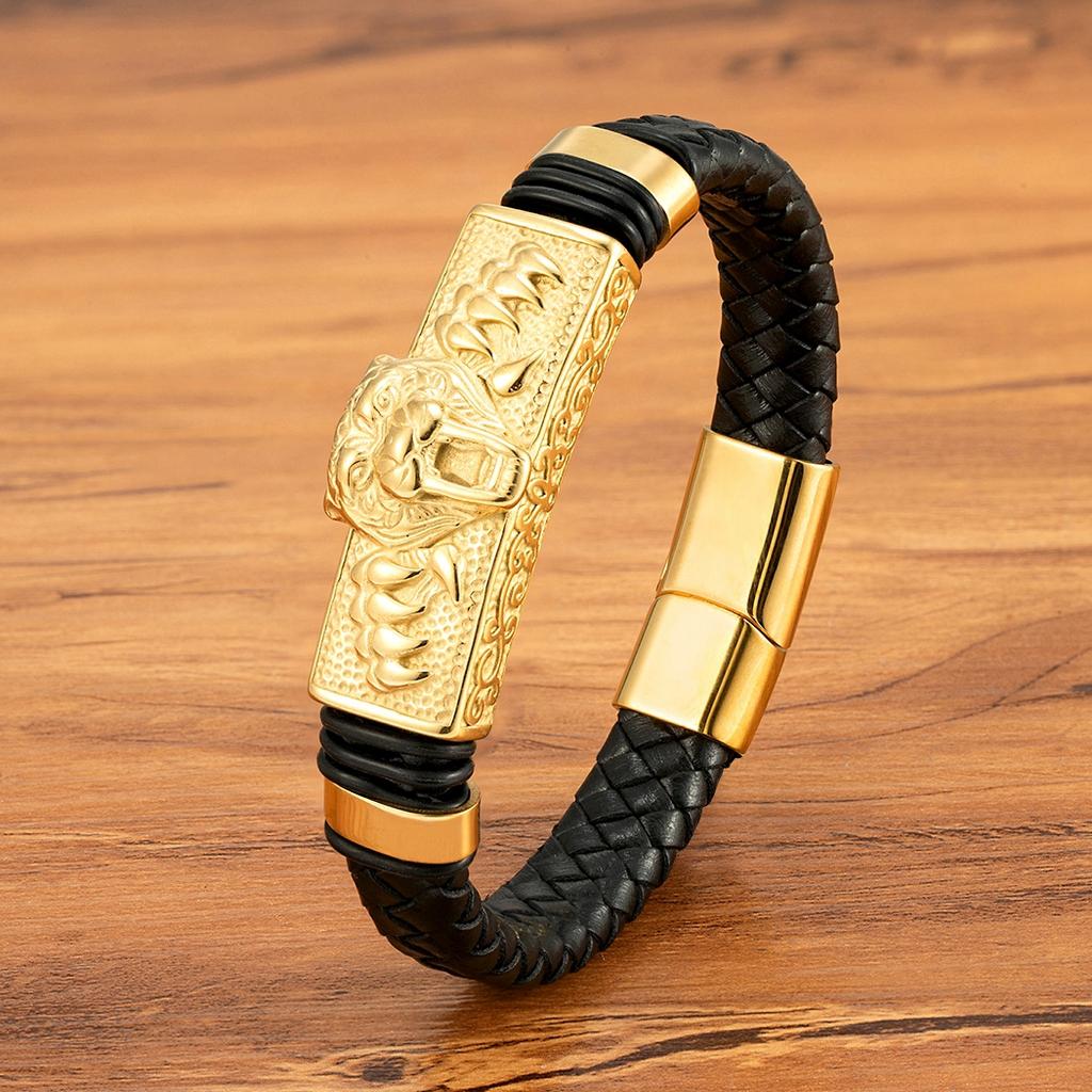 Lion Design Leather Braided Magnetic Buckle Stainless Steel Bracelets Rope Weaving Bracelet for Men Jewelry Gifts Wholesale