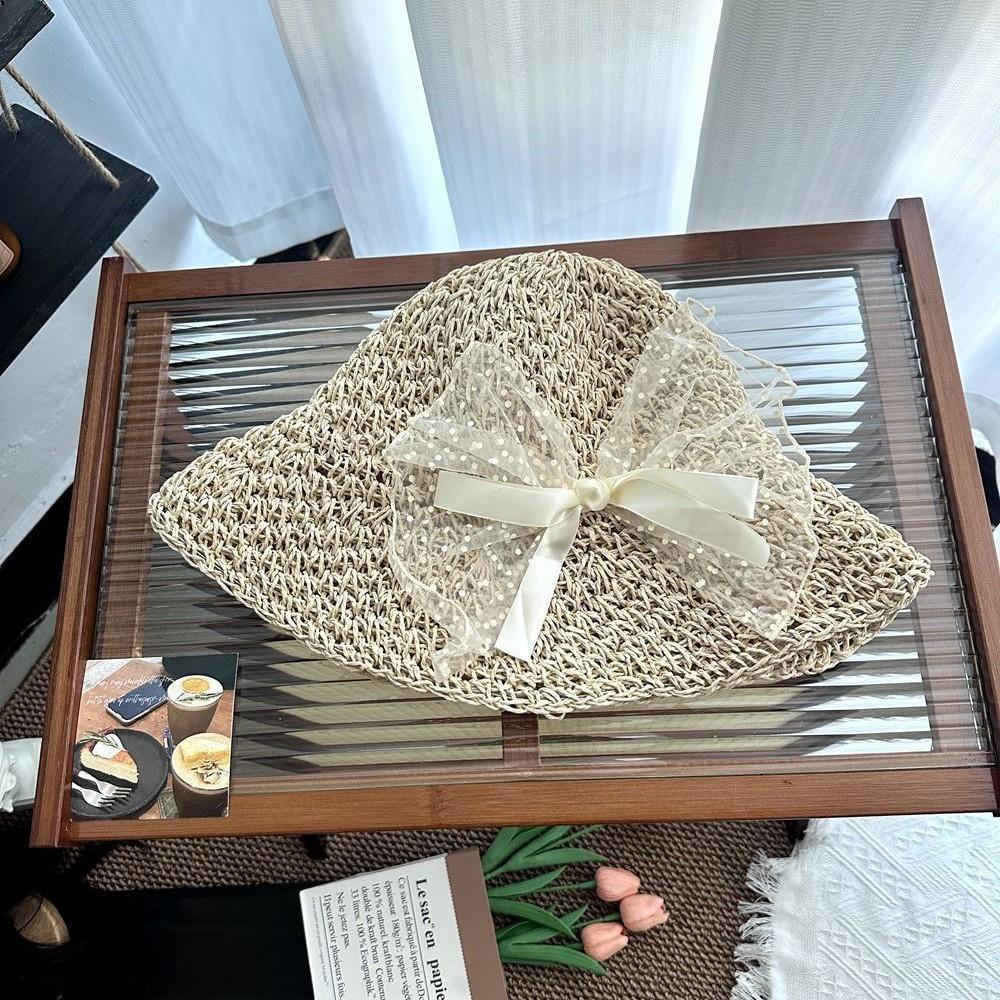 Pearl straw hat summer travel sunscreen sunshade bucket hat new straw seaside vacation net red hat