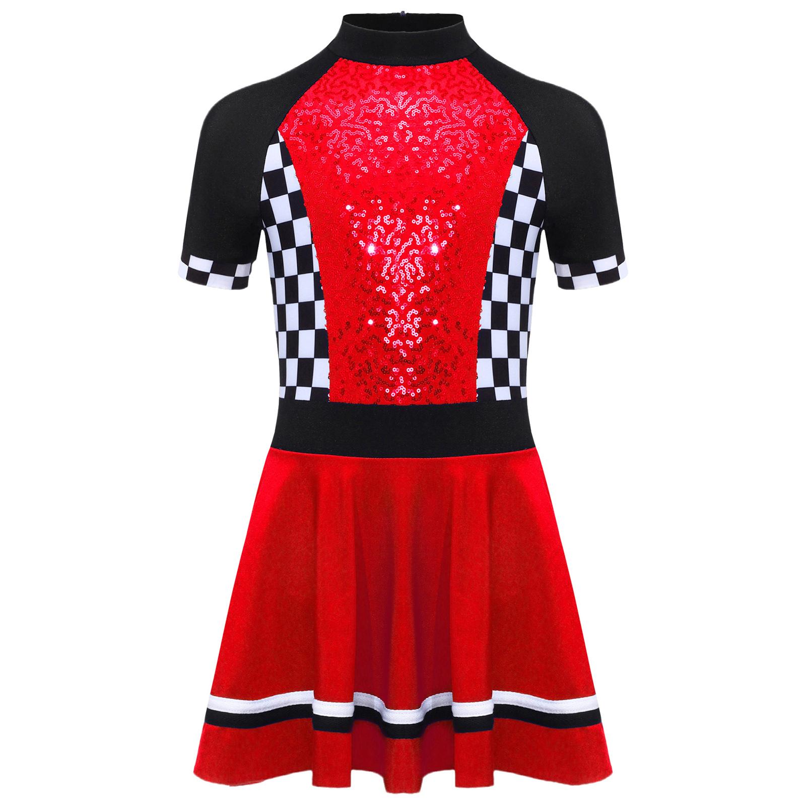 

Дівчачий гоночний костюм з коміром-стійкою, короткими рукавами, потайною блискавкою ззаду, сукня з шаховим візерунком з паєток 7-8 Years червоний