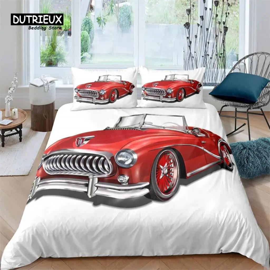 Retro Auto Bettbezug Full Vintage Autos Bettwäsche Set Stadt Gebäude Bettdecke Bezug Kissenbezüge Für Kinder Jungen Teenager Schlafzimmer Dekor