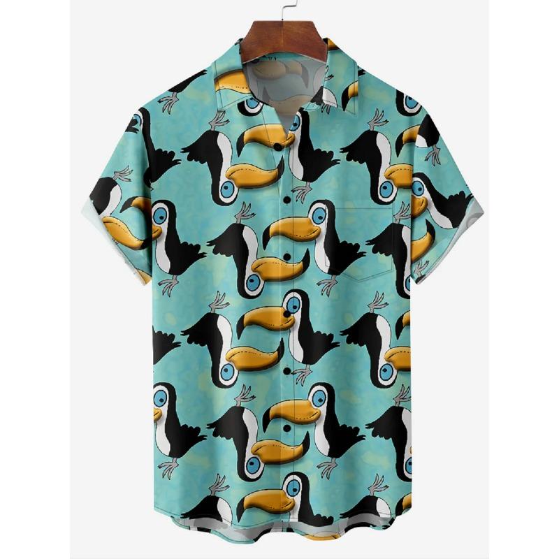 Men's Shirts Summer Hawaiian Casual Seaside Beach Tops Cartoon Planet Rocket Print Button Short-sleeve Oversized Shirts Chemise