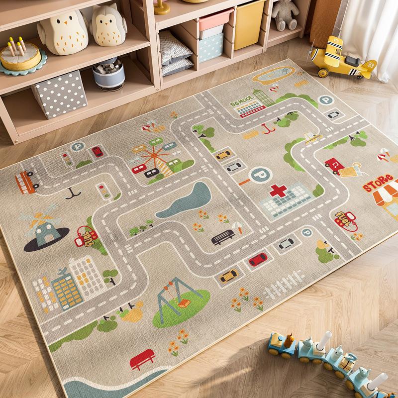 Cartoon Car Traffic Crystal Pile Carpet Children's Room Climbing Mat Home Non-Slip and Dirt Resistant Living Room Mat
