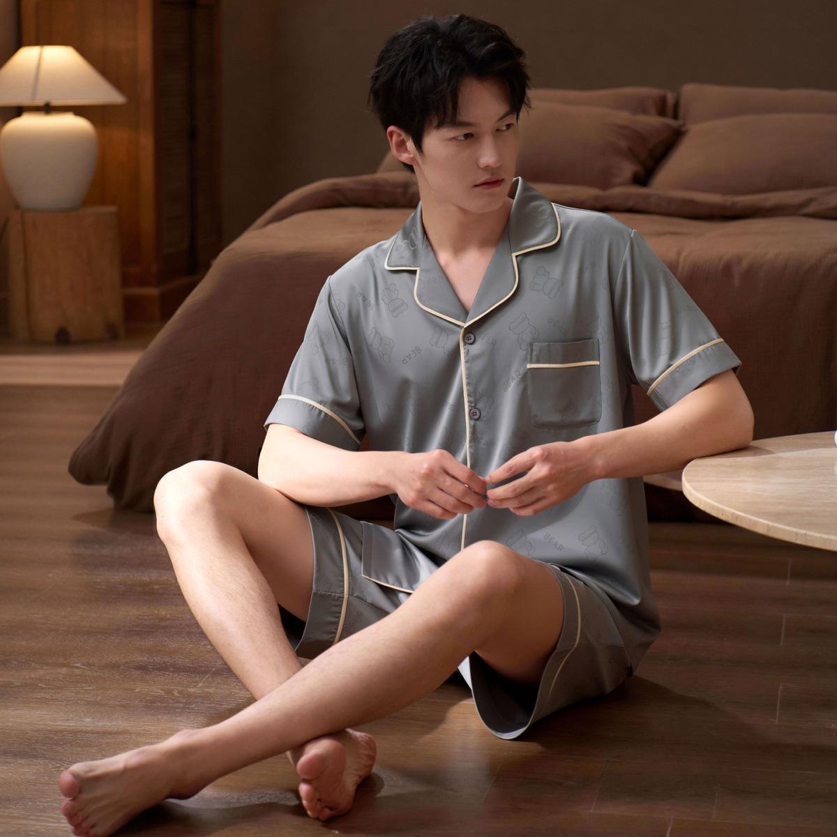 Men s Ice Silk Summer Short Sleeve Pajama Set with Shorts L