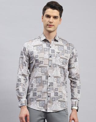Mens Brown Printed Collared Neck Full Sleeve Slim Fit Shirt