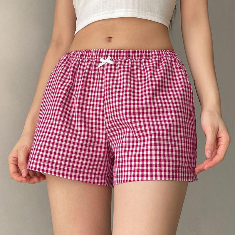 Summer casual fashion retro bow decoration red checkered women's shorts