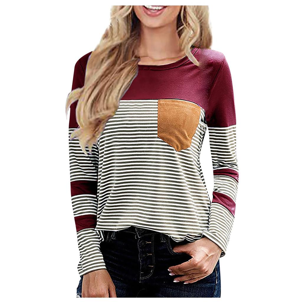 Women's Casual Round Neck Loose Collision Stripes Splicing Long-Sleeved Tops