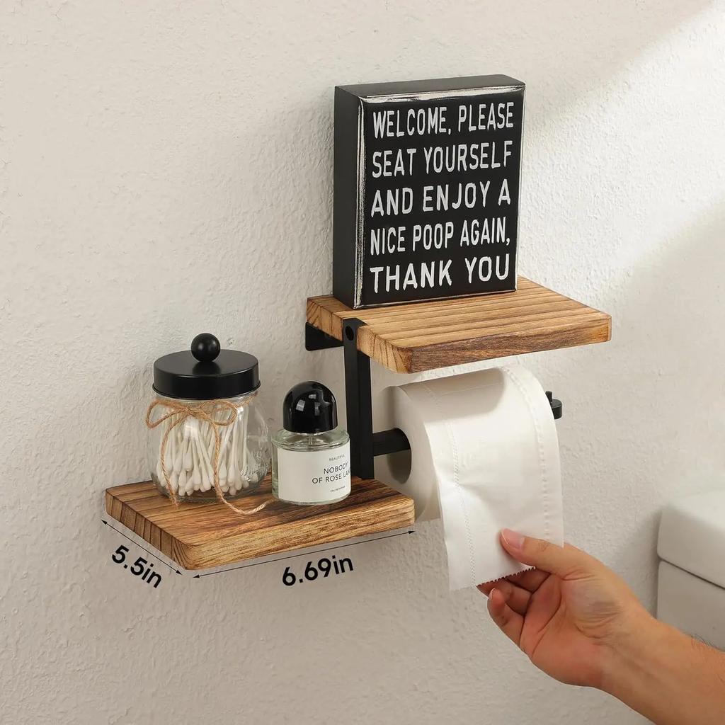 Wooden Wall Mounted Toilet Paper Holder High Load-bearing Space Saving Bathroom Wall Mounted Shelf Stable Countertop Organizer