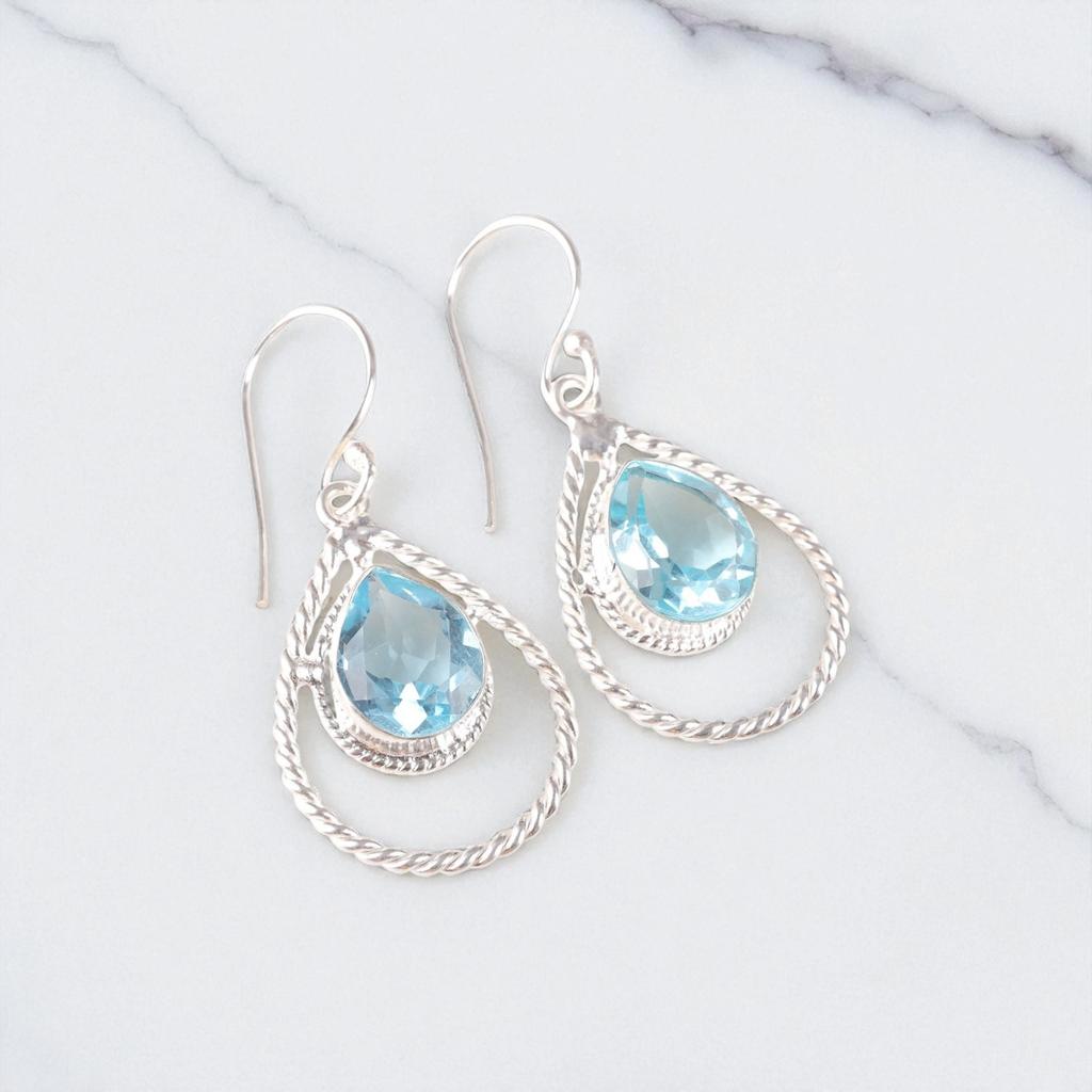 Sky Blue Topaz Gemstone 925 Sterling Silver Jewelry Handmade Hook Earrings 1.70" EE-96-5
