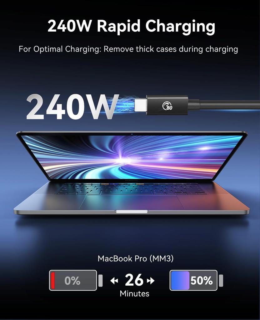 ORICO 80Gbps Bidirectional 120Gbps Unidirectional Dual Video 240W Fast 2M Thunderbolt USB4 Device Compatible USB-C Cable, 8K@60Hz Support, Charging,