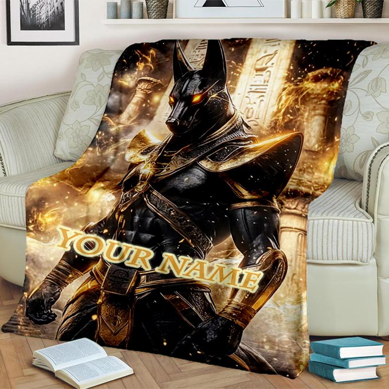 1PC Custom Name Anubis Golden Guardian flannel blanket versatile, all-season throw suitable for the living room, bedroom, camping, travel, and gift