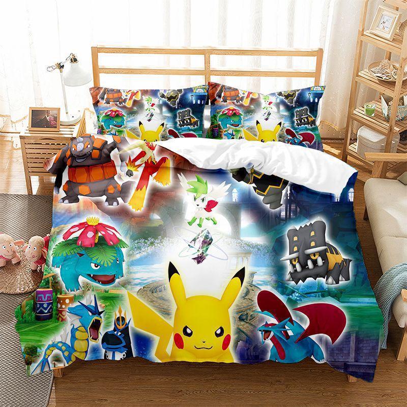 Pokemons Cartoon Anime Bedding Set Kawaii Pikachu Gengar Eevee Charizard Quilt Duvet Cover Pillowcase Kid Bed Set Twin King Size