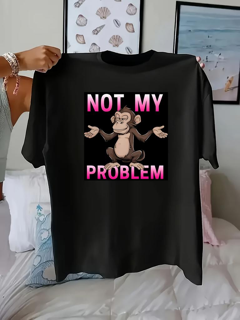 European Sizes Plus Size, Women's Plus Size Funny Monkey Print T-Shirt, Round Neck Top, Machine Washable