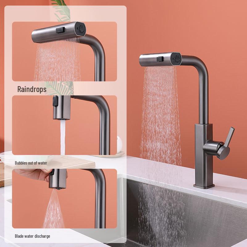 Gunmetal Stainless Steel Pull-out Kitchen Faucet – Multifunctional Waterfall Design for Hot/Cold Water and Vegetable Washing.