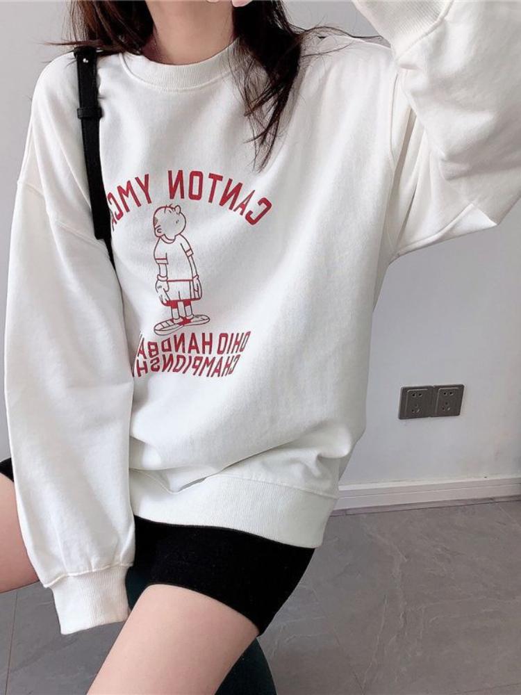 Women Letter Pattern Print Loose Pullover Hoodies Students Fashion Sweatshirt Ladies Round Neck Sweater Velvet Autumn New