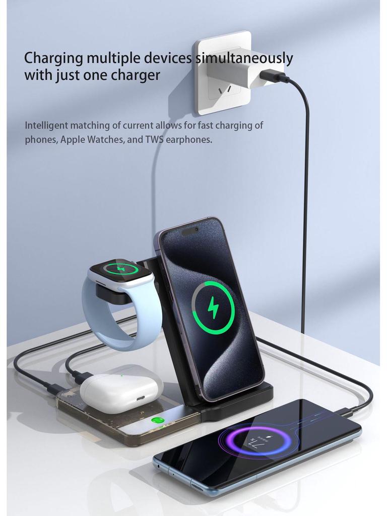 3-in-1 Foldable Wireless Charger Stand for Phone, Watch, and Earbuds