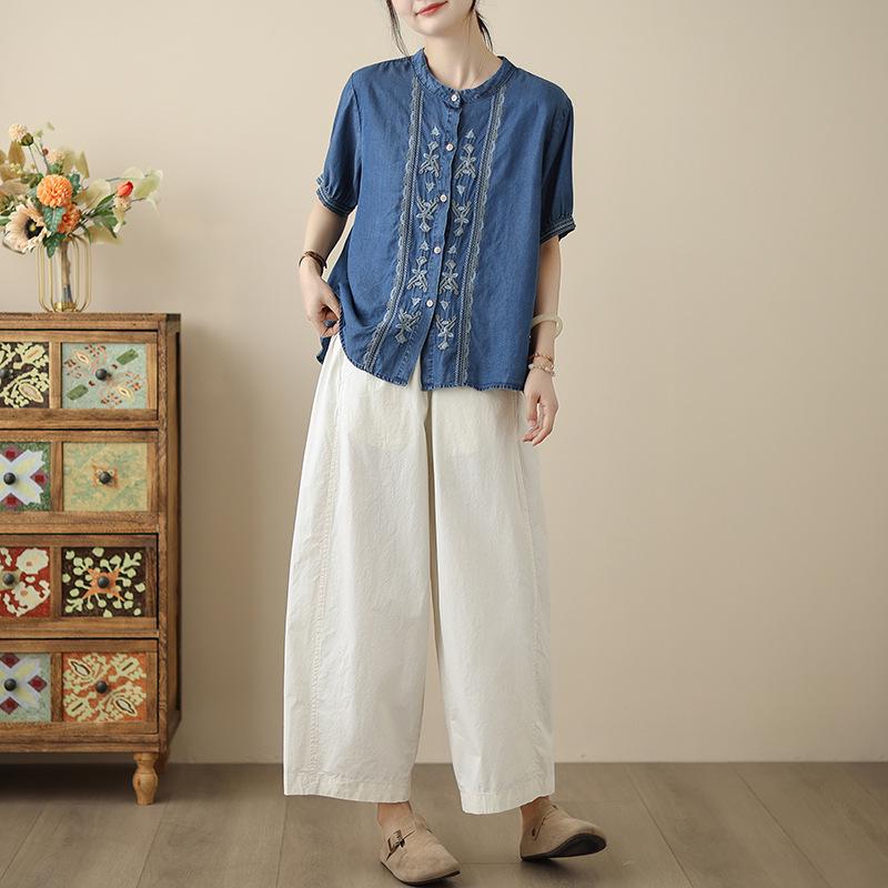 2025 Women's Tencel Denim Shirt with Drape Short Sleeves - Retro Niche Thin Top