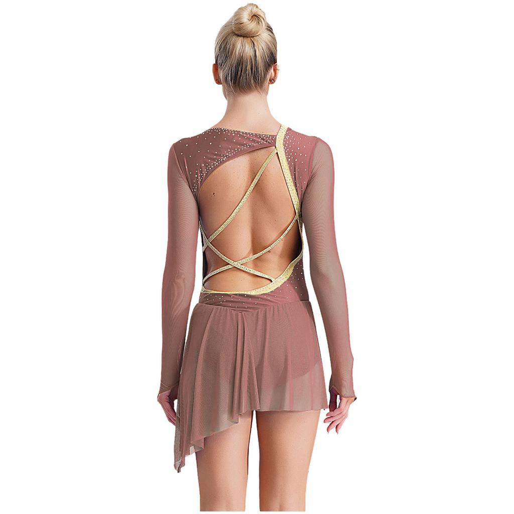 Robe de Danse Lyrique pour Femmes Manches Longues en Mesh Transparent Dos Nu Strass Jupe Asymétrique Robe de Patinage Artistique
