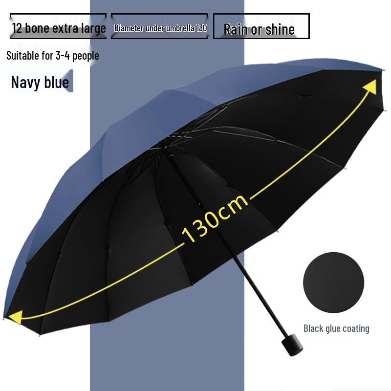 12-Rib Extra Large Folding Umbrella for Rain and Sun - Reinforced, Thick, Three-Person Capacity