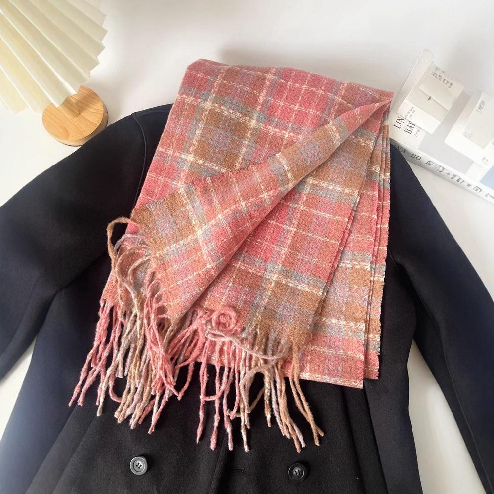 Korean Maillard pink plaid scarf women's autumn and winter new high-end atmosphere warm couple scarf