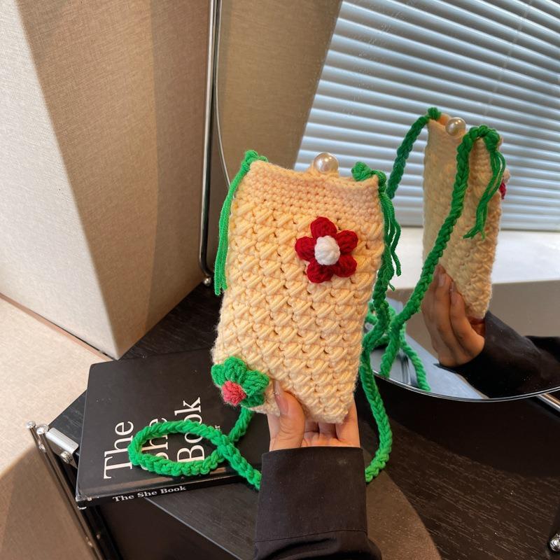 Spring and Summer Flower Mini Mobile Phone Bag Trendy Small Square Bag Wool Woven Knitted Messenger Bag Crochet Key Bag